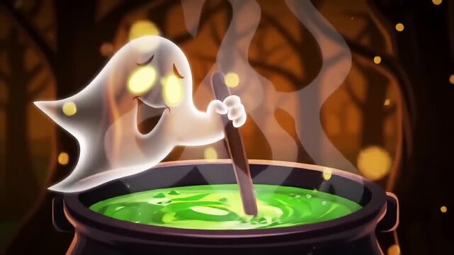 Friendly ghost stirring bubbling potion in cauldron for Halloween night fun and spooky vibes