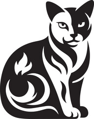 Tribal cat sitting with patterned fur illustration, Black and white feline decorative design