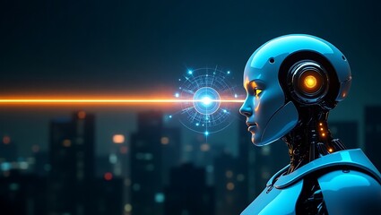A futuristic robot gazes over a glowing cityscape, embodying technology and innovation