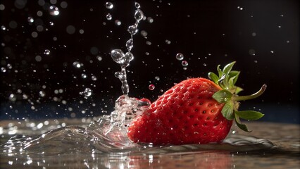 A single ripe red strawberry is hit by a dynamic splash of clear water against a dark background.