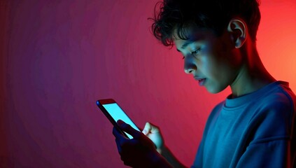 Teenager engrossed in smartphone screen bathed in vibrant neon light, digital connection
