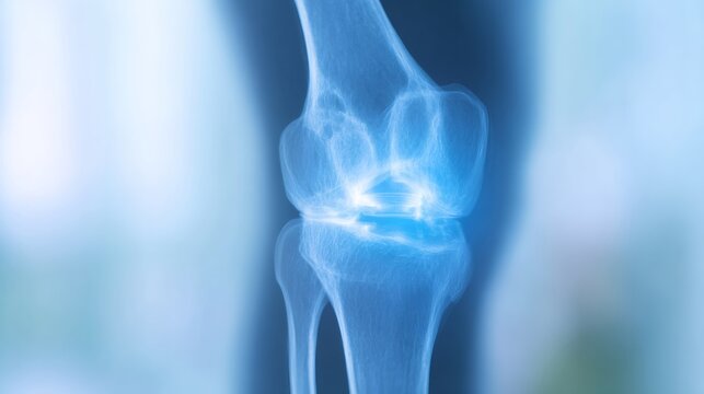 3D render of a human knee joint showing bone structure. Medical concept visualizing anatomy for healthcare, diagnosis, and innovation. - Powered by Adobe