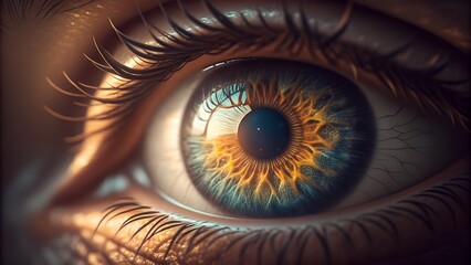 Close-up of a human eye with a blue and gold iris, showing intricate details.