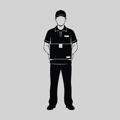 Obraz premium Silhouette of a delivery person holding a package in uniform with cap standing against a plain background