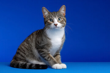 Obraz premium Cute Tabby Cat with Water Splashes on Blue Background