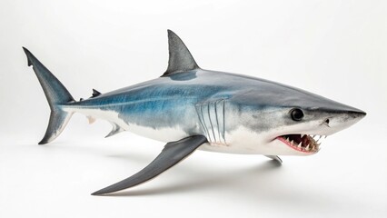 Fototapeta premium Longfin Mako Shark with sleek body and long fins displayed on a clean white studio background, sharp focus, and professional studio lighting
