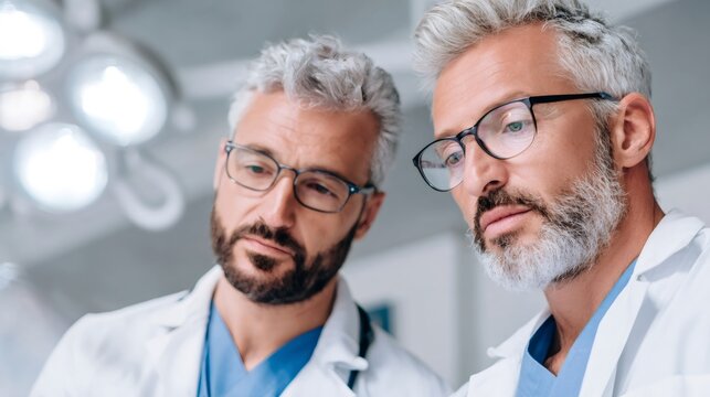 Two men doctors in scrubs and lab coats focused on current medical research. Healthcare professionals collaborating on advanced technology. - Powered by Adobe