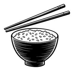Rice Bowl with Chopsticks Black and White Outline Line Art Drawing Engraving Style Food Illustration