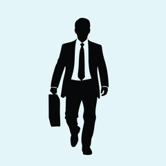 Silhouette of a businessman walking confidently with a briefcase against a light blue background