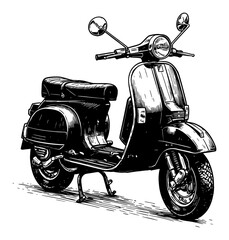 Classic Vespa Scooter Vintage Side Angle View Black and White Outline Line Art Drawing Old Fashioned Transport Vehicle