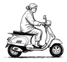 Fototapeta premium Grandma Riding Classic Vespa Scooter Side View Black and White Outline Line Art Drawing Illustration