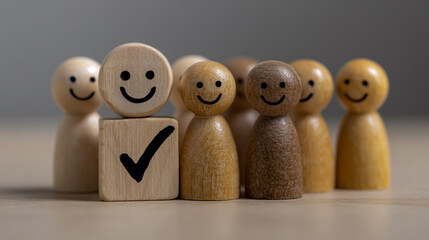Wooden people toy character icon with a checkmark and a group of smiling wooden figurines on a table