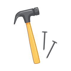 Claw hammer with a wooden handle and two metal nails for carpentry and construction