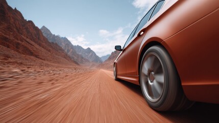 Obraz premium Dynamic View of a Modern Car Driving on a Dusty Road Surrounded by Rocky Mountains Under a Clear Blue Sky