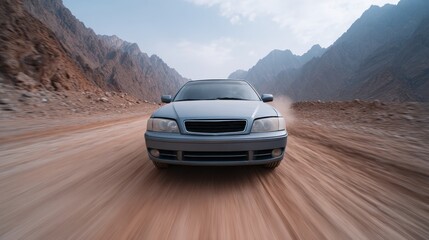 Obraz premium Speeding Silver Car on Dusty Road through Mountains with Dramatic Landscape in Background