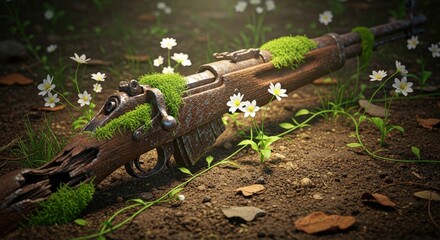 Forgotten Rifle Reclaimed by Nature in Forest.