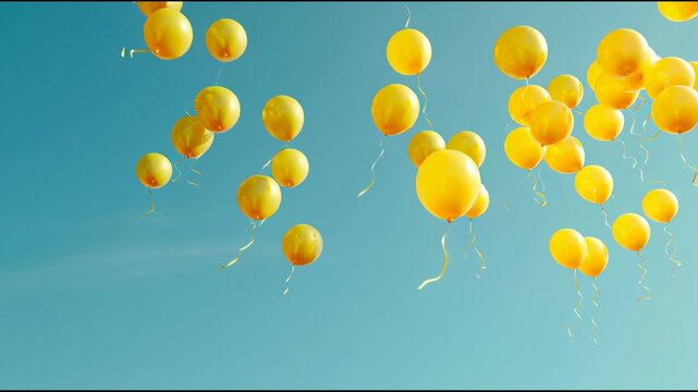 Bright Yellow Balloons Floating Against Clear Blue Sky Background