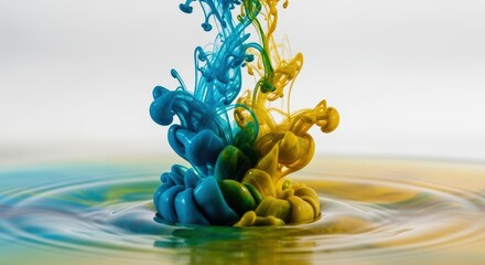 Vibrant Blue and Yellow Ink Mixing in Water Creating Abstract Fluid Art.