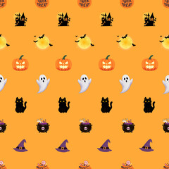 halloween orange background seamless pattern with pumpkins