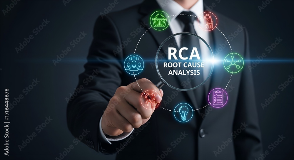 Poster businessman points to root cause analysis rca flowchart with icons on dark background
