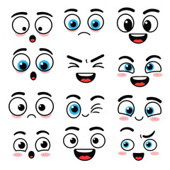Happy cartoon eyes with funny expressions are depicted in a vibrant 2D flat vector illustration on a clean white background, conveying joy and cheerfulness.
