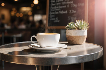 White ceramic espresso cup on a silver round table, with a small succulent in a rustic pot. Warm, inviting caf�� ambiance. Perfect for cozy coffee breaks.
