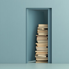 A tall stack of books tightly packed inside a doorway of a blue wall, creating a striking visual of knowledge overflow and minimalistic interior design.