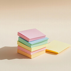 A stack of colorful sticky note pads in pastel shades (pink, blue, green, yellow) placed on a beige surface, with one yellow pad lying separately, creating a minimal aesthetic