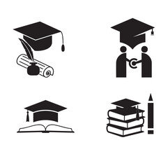 Graduation cap, books and pencil icon. Education symbol. Flat Vector illustration