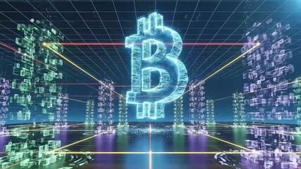 Digital Bitcoin Icon Floating in Virtual Environment with Glowing Data Streams and Cityscape Background - Powered by Adobe