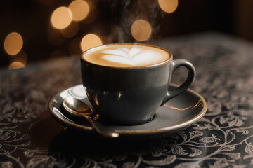 Elegant ceramic espresso cup with gold rim, resting on matching saucer, featuring delicate latte art and steaming hot beverage.