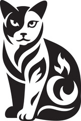 Stylized bicolor cat sitting silhouette, Feline animal black and white design