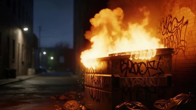 Dumpster Fire in Urban Alleyway at Night with Graffiti and Trash Bags, Symbolic of Urban Decay and Social Issues, Generative AI