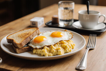 Breakfast plate with two sunny-side-up eggs, creamy scrambled eggs, and toasted bread on a white plate. Includes a fork, glass of water, and a coffee cup on a wooden table.