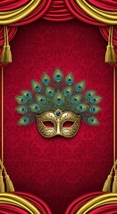 symmetrical design of an ornate card back, a mysterious Venetian carnival mask with intricate gold filigree and peacock feathers at the center, set against a background of deep crimson damask silk