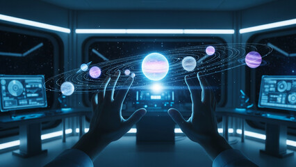 Person interacts with a holographic solar system model in a futuristic spaceship control room showcasing space exploration and advanced technology concepts.