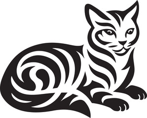 Stylized black and white cat with tribal patterns, Artistic feline tribal vector illustration
