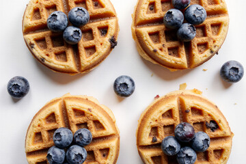 Golden waffle cookies topped with fresh blueberries, showcasing a perfect waffle pattern and crispy texture. Ideal breakfast treat.