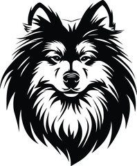 Obraz premium Keeshond head silhouette with thick ruff, pointed ears, and expressive eyes in black vector