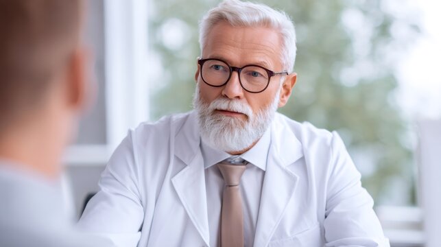 Senior man doctor consulting patient. Male physician explaining treatment, medical examination, and healthcare plan. Telemedicine and future medical technology.