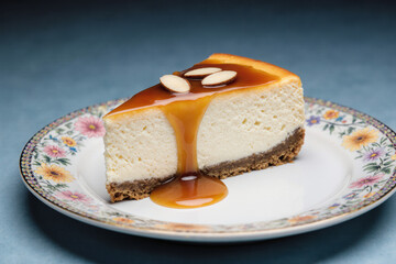 Creamy cheesecake slice with caramel glaze and almond slices on a floral-patterned plate, perfect for dessert lovers.