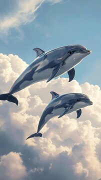 Two Dolphins Soaring Through a Dreamlike Cloudscape