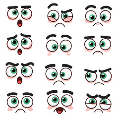 Fototapeta premium Funny cartoon eyes with rolling expressions are depicted in a vibrant flat 2D vector illustration, isolated on a plain white background, conveying humor and playfulness.
