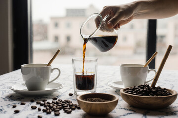 White ceramic coffee cups with wooden stirrers, glass of black coffee being poured, wooden coffee bowl, scattered coffee beans, table with blue patterned tablecloth, natural light, cozy caf�� setting.