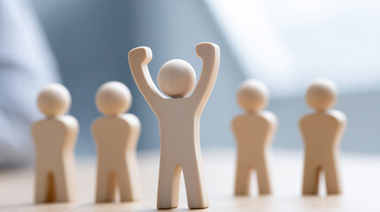 Joyful wooden leader celebrating successful business victory. team concept shows achievement and competition. happy winner stands out from group