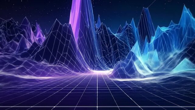 Abstract digital landscape with neon lights and grid.
