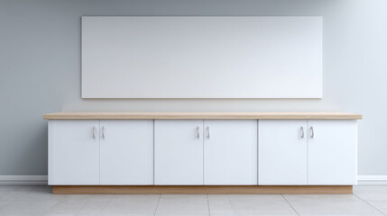 Serene, modern clinic interior with white cabinet and empty wood countertop against blank wall background. This minimalist room provides clean and organized feeling