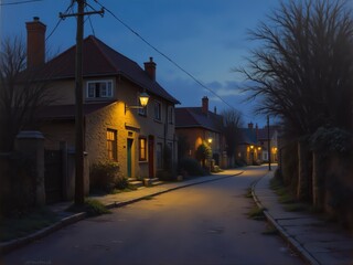 Cozy village street at twilight, warm light from lamps illuminating stone buildings and quiet road.