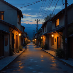 Cozy village street at dusk, warm lights glow from houses, wet pavement reflects the scene, peaceful evening atmosphere.