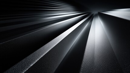 Metallic radial beams converging in perspective with textured surfaces for industrial visuals.

